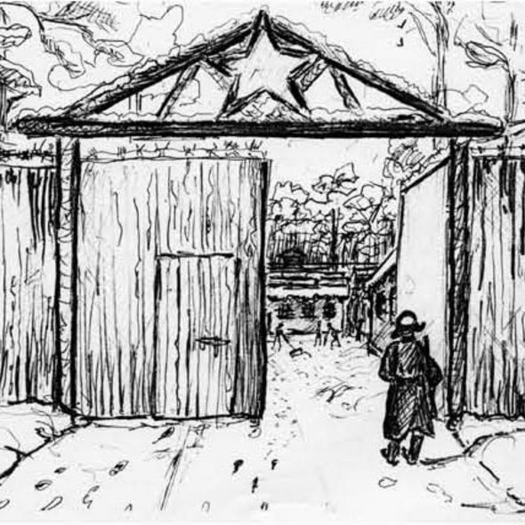 Tor des sowjetischen Speziallagers Nr.6 in Jamlitz, Zeichnung von Helmuth Dommain, 1950 (© Privatbesitz)